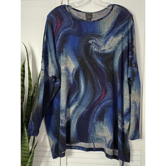 Clara Sun Woo 3D Waves Blue Soft Scoop Pullover Boutique Oversized Dolman XS - Picture 1 of 7
